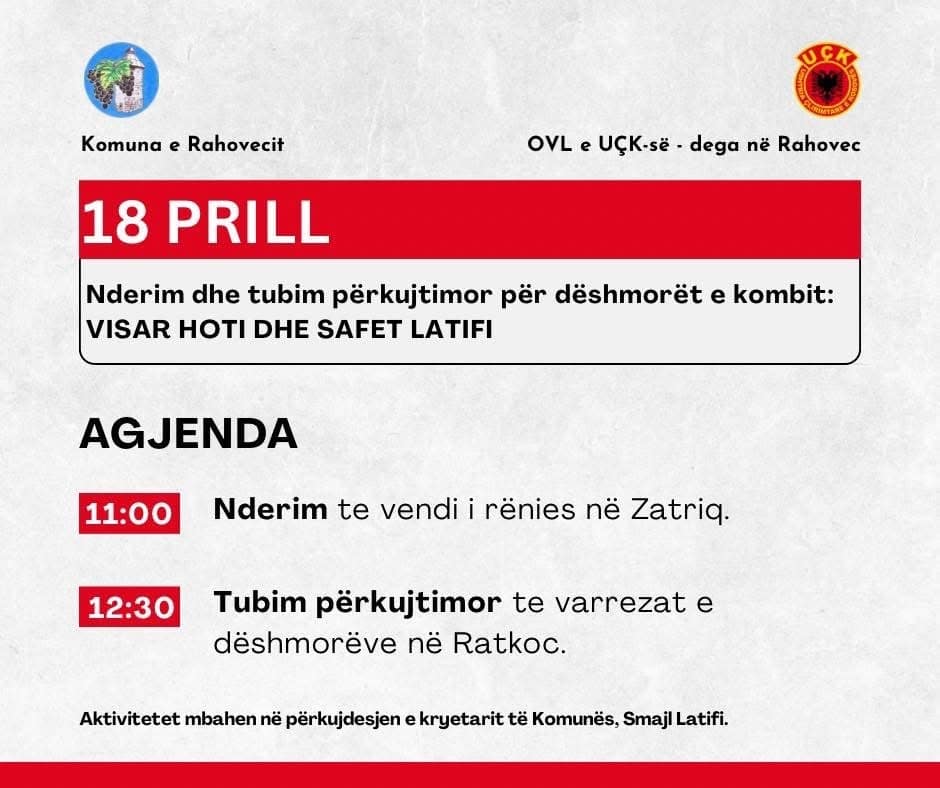 Programi i mbajtjes së aktiviteteve për nder të 26-vjetorit të rënies së dëshmorëve, Visar Hoti dhe Safet Latifi