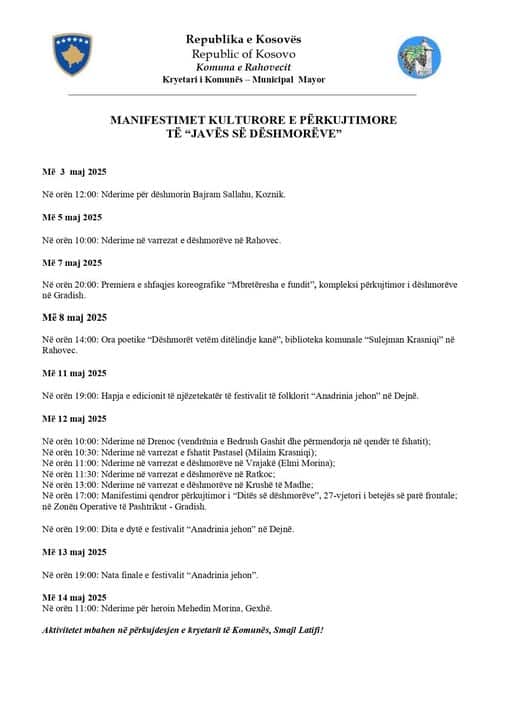 MANIFESTIMET KULTURORE E PËRKUJTIMORE TË “JAVËS SË DËSHMORËVE”: